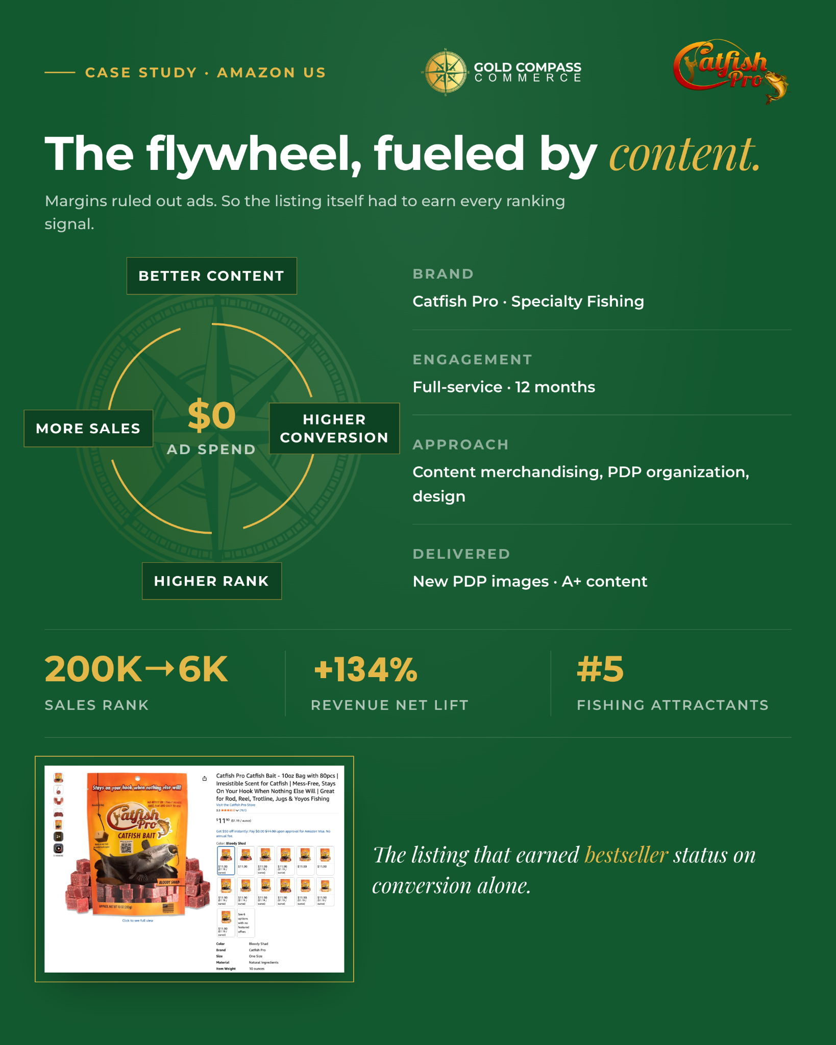 Catfish Pro Amazon case study showing a 134 percent revenue net lift, sales rank improvement from 200,000 to 6,000, and number five rank in fishing attractants.